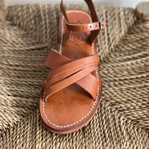 Women’s Brown Cross Strap Moroccan Flat Slides